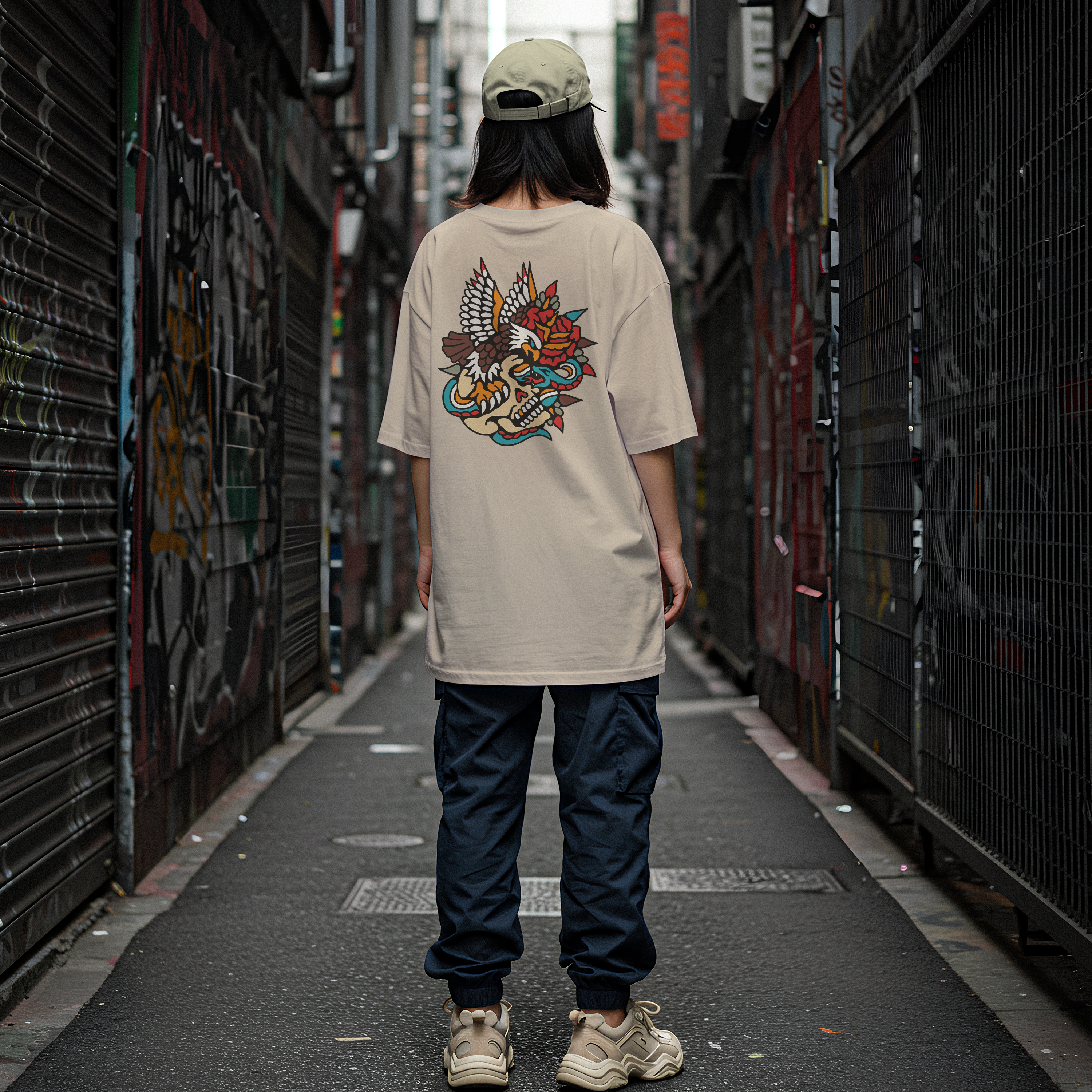 Person wearing a beige t-shirt with a colorful graphic design of a skull, eagle and snake in a traditional tattoo style walking down a narrow alleyway.
